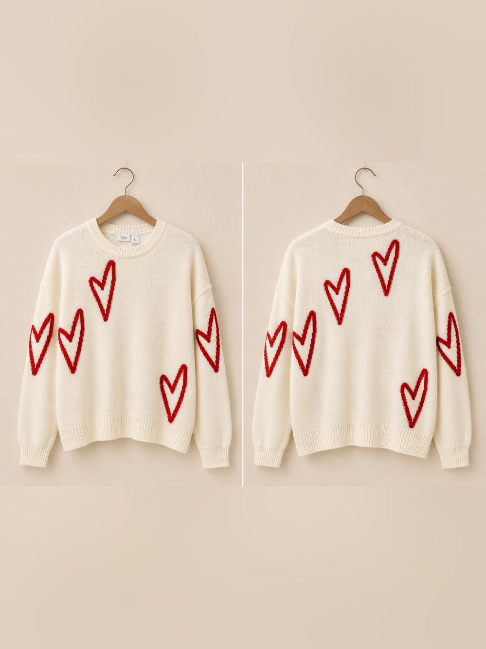 Elan Ivory Heart Print Soft Girl Crewneck Sweater Oversized Cozy Knit Pullover L - Picture 9 of 17